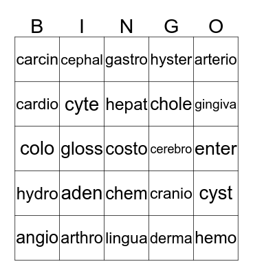 Medical Terminology for HS I Bingo Card