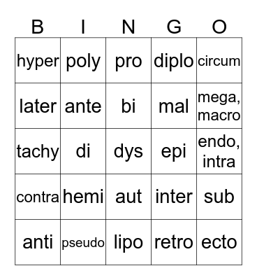 Medical Terminology for HS I-  Bingo Card