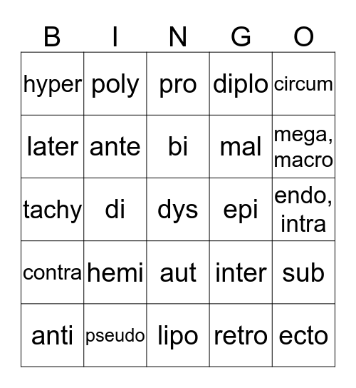Medical Terminology for HS I-  Bingo Card