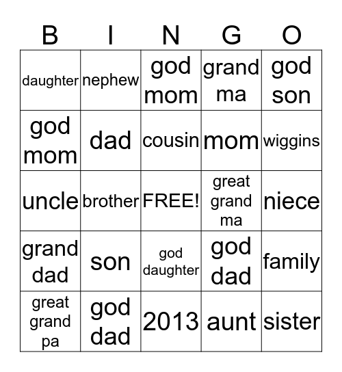 WIGGINS FAMILY BINGO Card