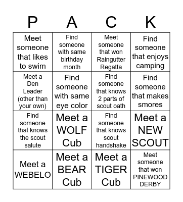 SCOUT PACK MEETING Bingo Card