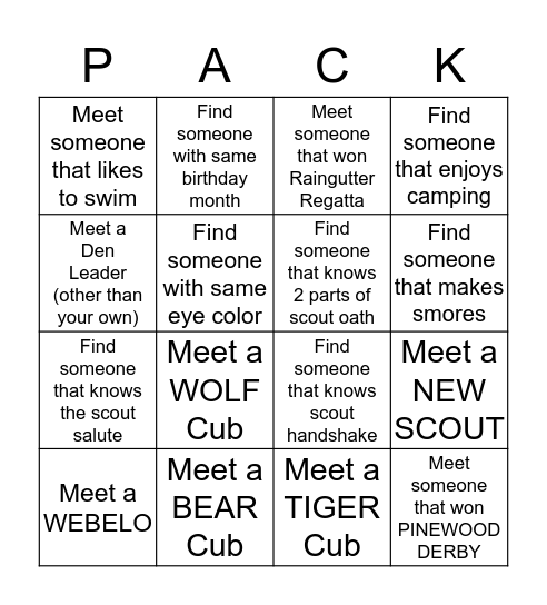 SCOUT PACK MEETING Bingo Card
