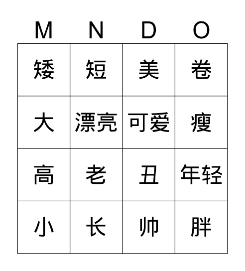 ADJECTIVES - CHINESE Bingo Card