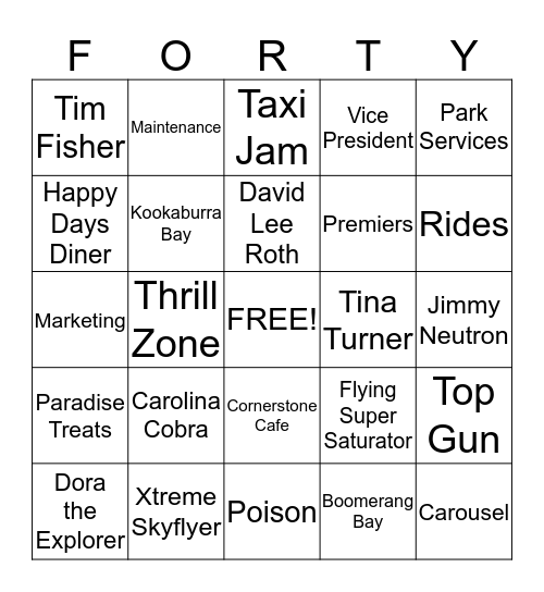 Carowinds 40th Anniversary Bingo Card