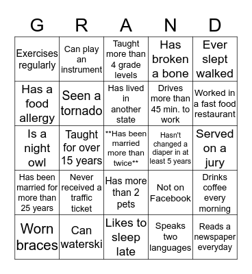 Welcome Back Bingo Card