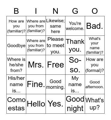 Introductory Vocabulary Bingo Card