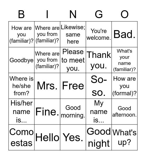 Introductory Vocabulary Bingo Card