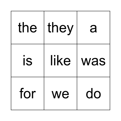 Sight Words Bingo Card
