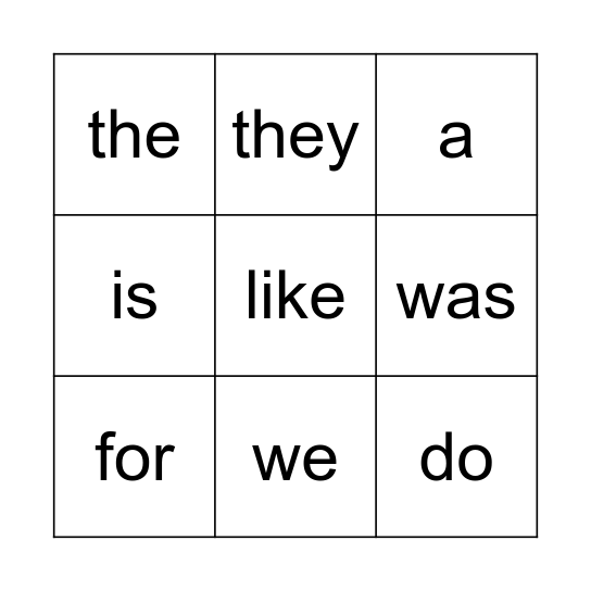 Sight Words Bingo Card