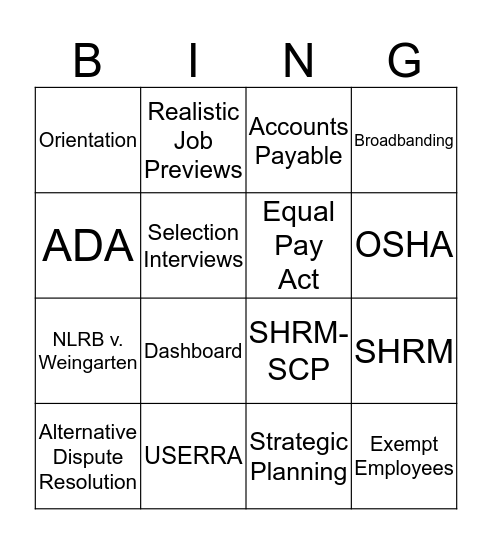 HR Certifications Bingo Card