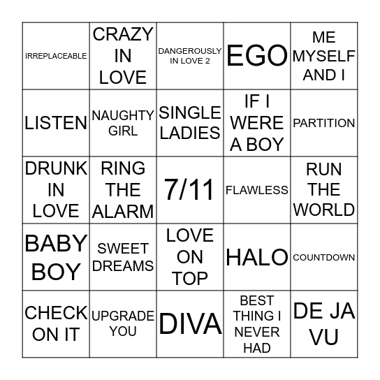 109 BEST OF BEYONCE Bingo Card