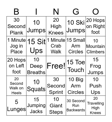 Exercise Bingo Card