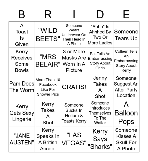 Kerry's Bridal Fiesta  Bingo Card