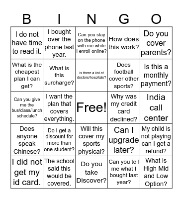 Phone Call Bingo Card