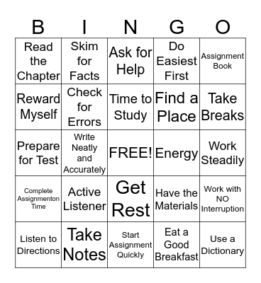 Study Skills Bingo Card