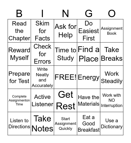 Study Skills Bingo Card