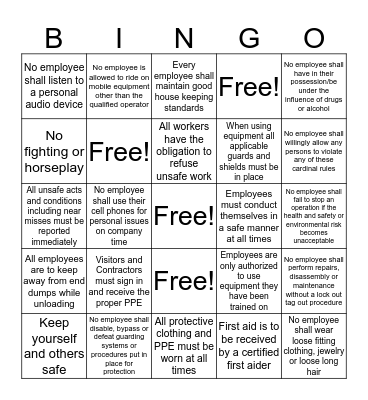 Rules and Regulations BINGO Card