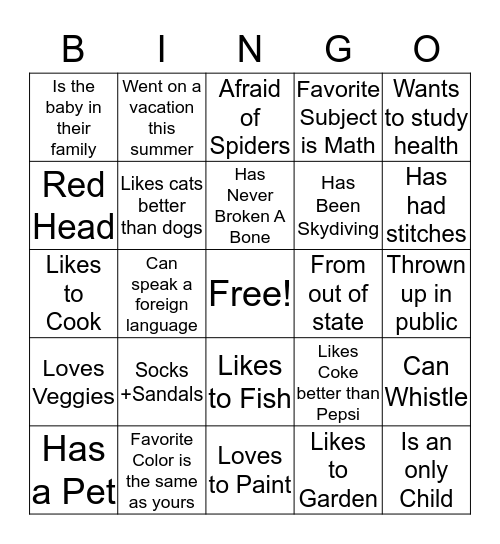 Sophomore Bingo Card