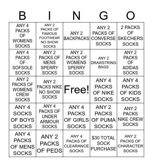 SOCK/ACCESSORY CHALLENGE Bingo Card