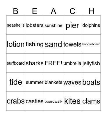 Things at the Beach Bingo Card