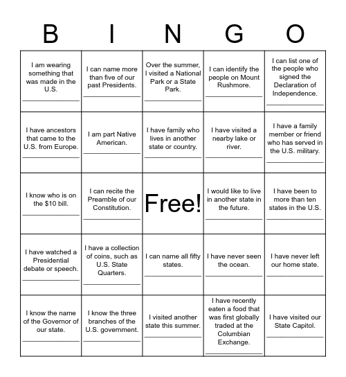 Welcome Back BINGO Card