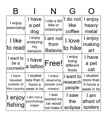 First Year Experience in Psychology BINGO Card