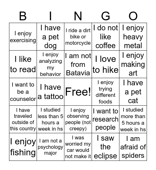 First Year Experience in Psychology BINGO Card