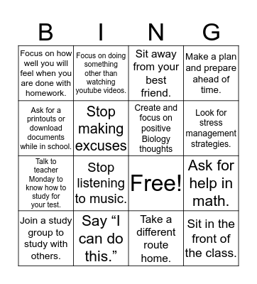 Self Regulation Bingo Card