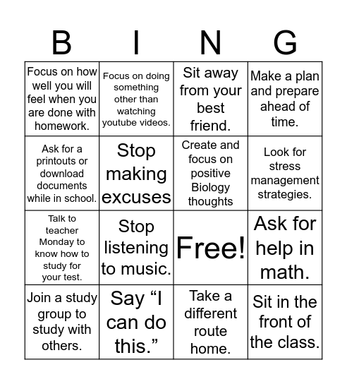 Self Regulation Bingo Card