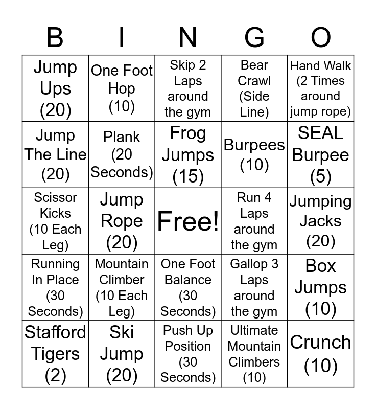 Exercise Bingo Card