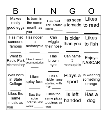 Human Bingo! (Block 1) Bingo Card