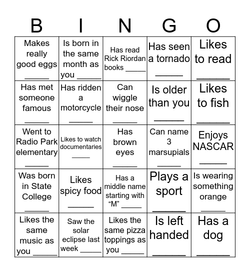 Human Bingo! (Block 1) Bingo Card