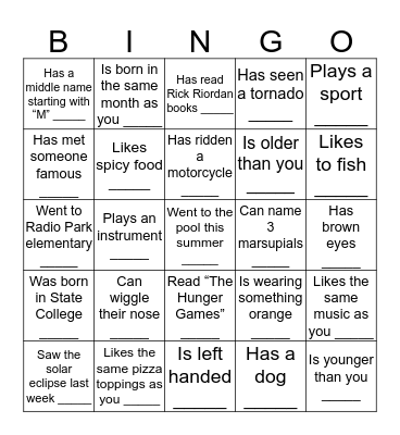 Human Bingo! (Block 2) Bingo Card