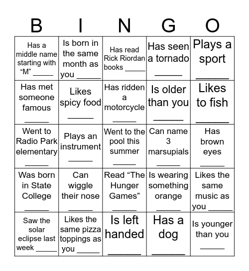 Human Bingo! (Block 2) Bingo Card