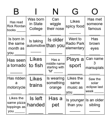 Human Bingo! (Block 3 Kerr) Bingo Card