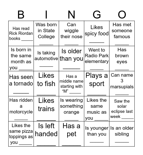 Human Bingo! (Block 3 Kerr) Bingo Card