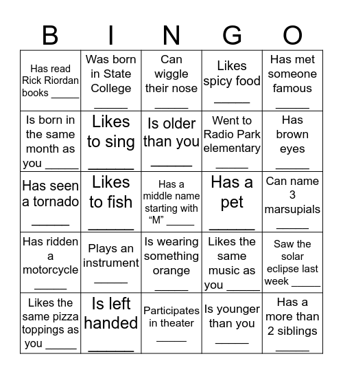 Human Bingo! (Block 3 Turner) Bingo Card