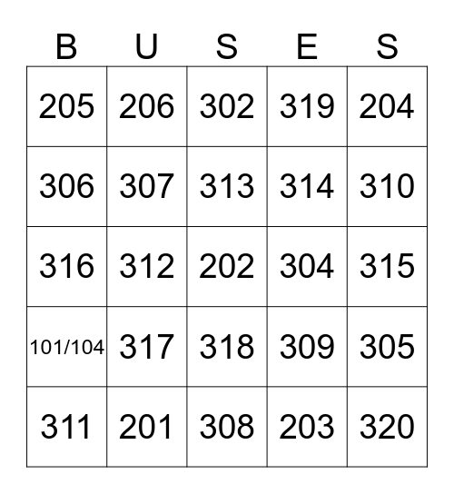 WMS Buses Bingo Card
