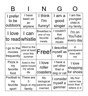 getting to know you Bingo Card