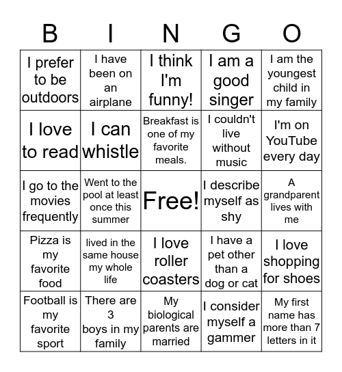 getting to know you Bingo Card