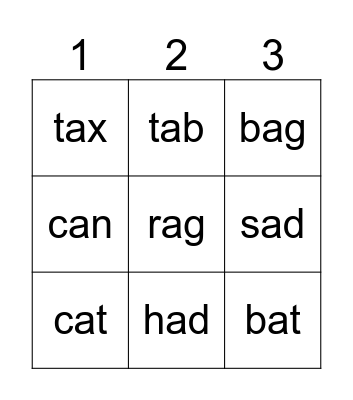 Short A Words Bingo Card