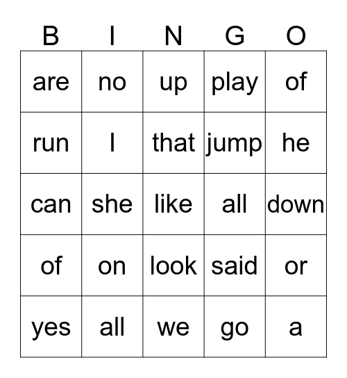 High Frequency Words Bingo Card