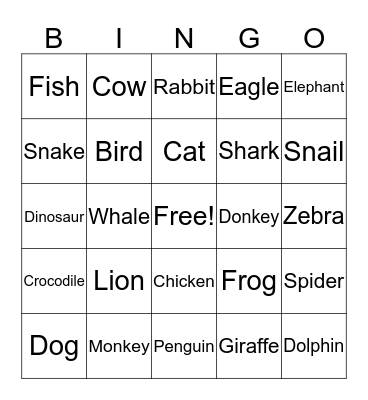 Animals Bingo Card