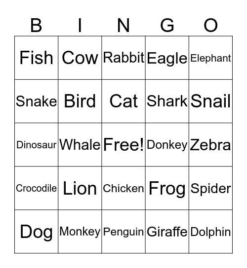 Animals Bingo Card