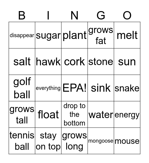 Things and Water Bingo Card