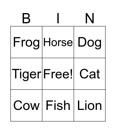 Animals Bingo Card