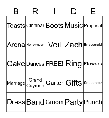 Kyle' Bridal Shower Bingo Card