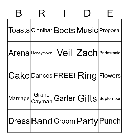 Kyle' Bridal Shower Bingo Card