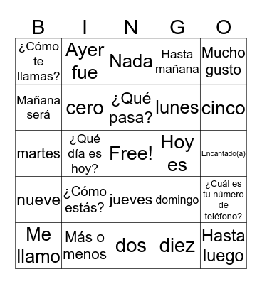 Vocabulary Unit Preliminary: Greetings, Say good bye and Say how are you, make introductions,say which day it is, numbers 0-10 and exchange phone number. Bingo Card