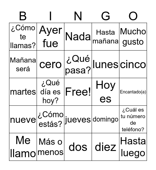 Vocabulary Unit Preliminary: Greetings, Say good bye and Say how are you, make introductions,say which day it is, numbers 0-10 and exchange phone number. Bingo Card